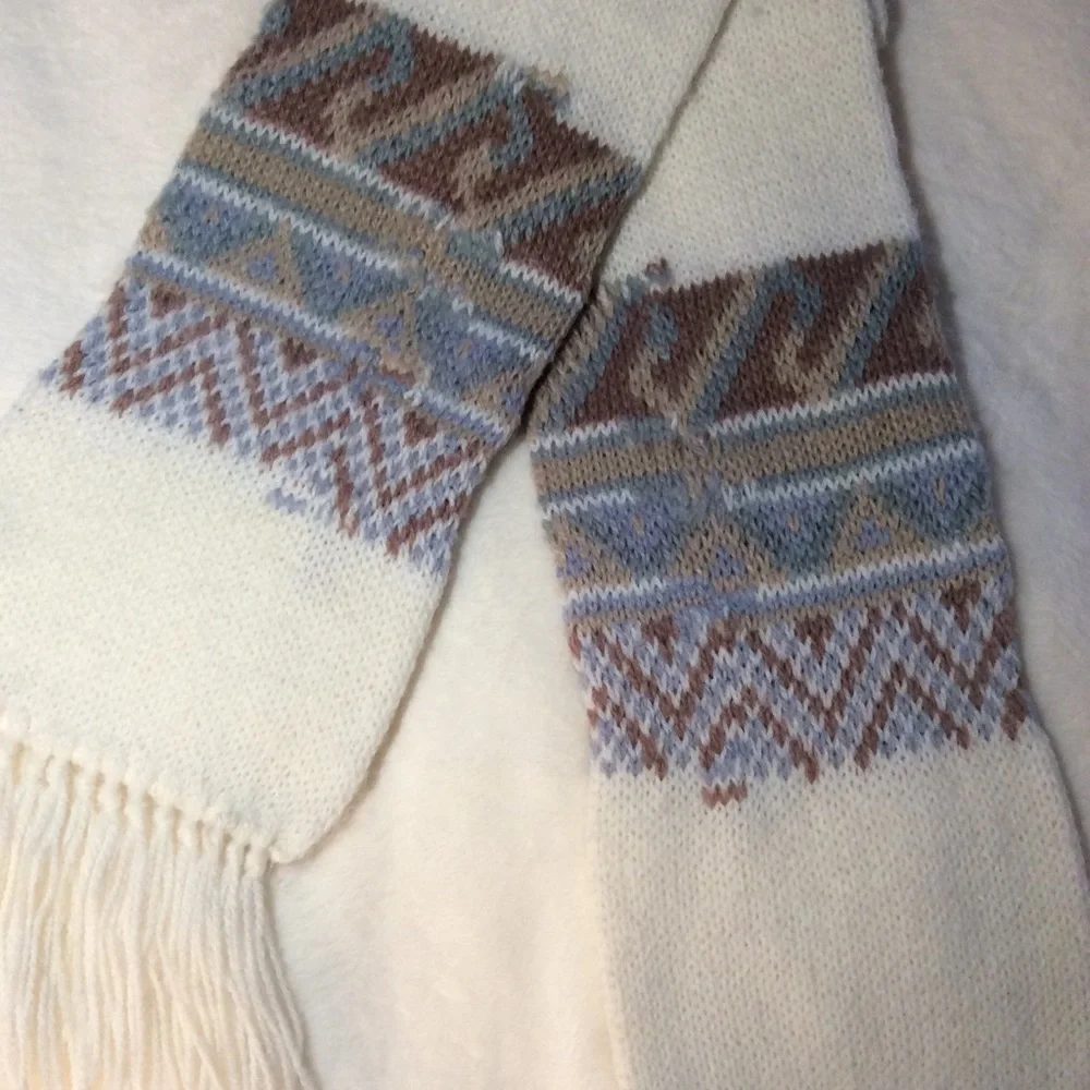 Vintage Hansen Knit Nordic Patterned Scarf Ivory Tan Gray Green - Picture 4 of 7